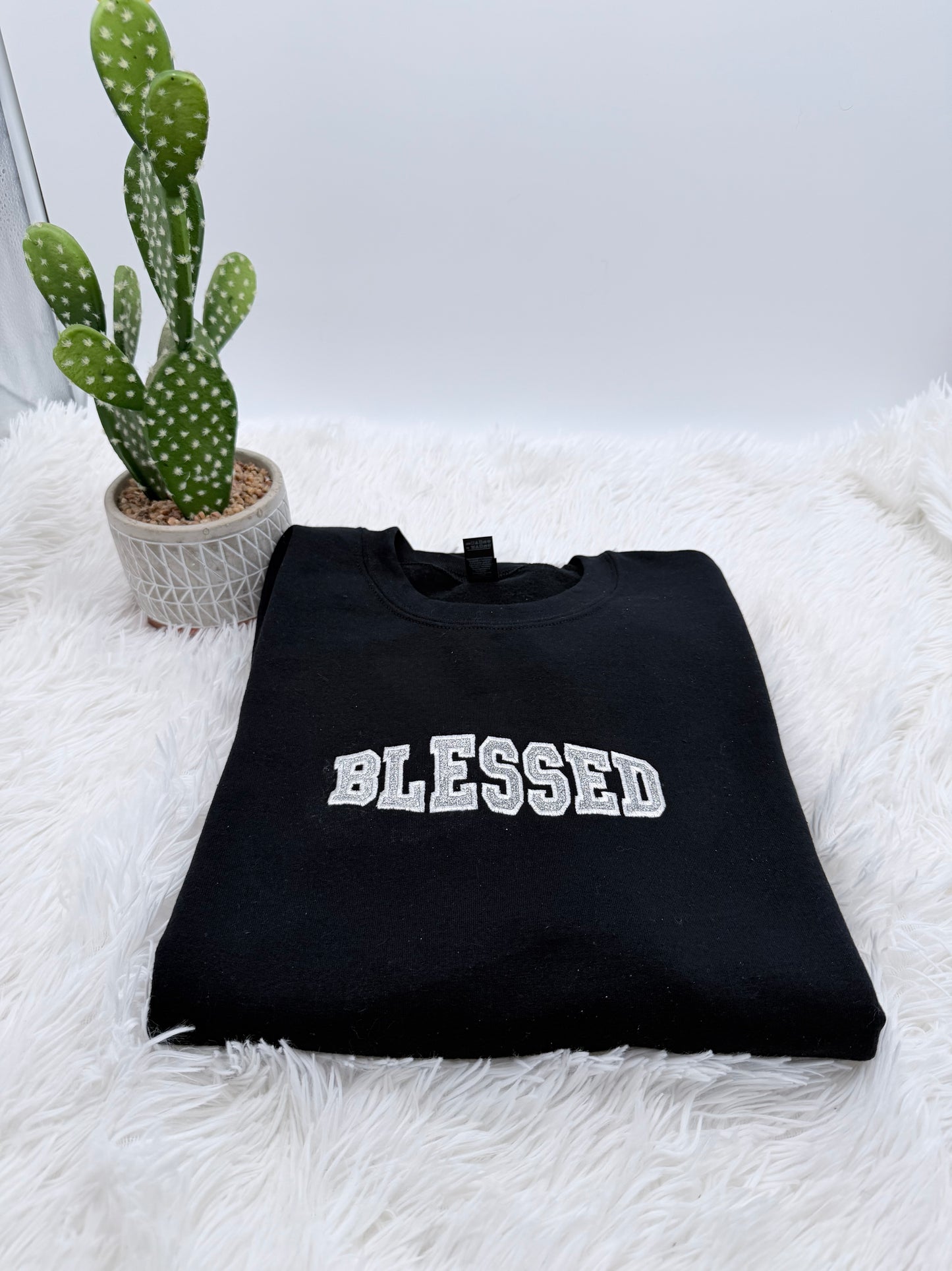 Blessed- Embroidered Sweatshirt-Silver glitter